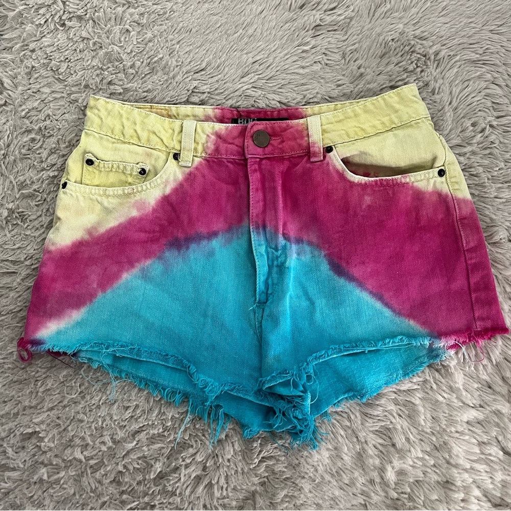 BDG high rise cheeky rainbow tie dye jeans shorts